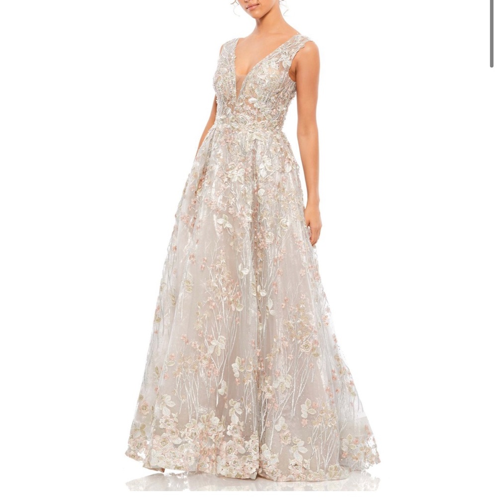 Mac Duggal Floral Embroidered V-Neck Gown